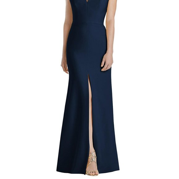 Dessy 3038..Off-the-Shoulder Notch Trumpet Gown with Front Slit..Midnight.Sz 12 - Picture 2 of 6
